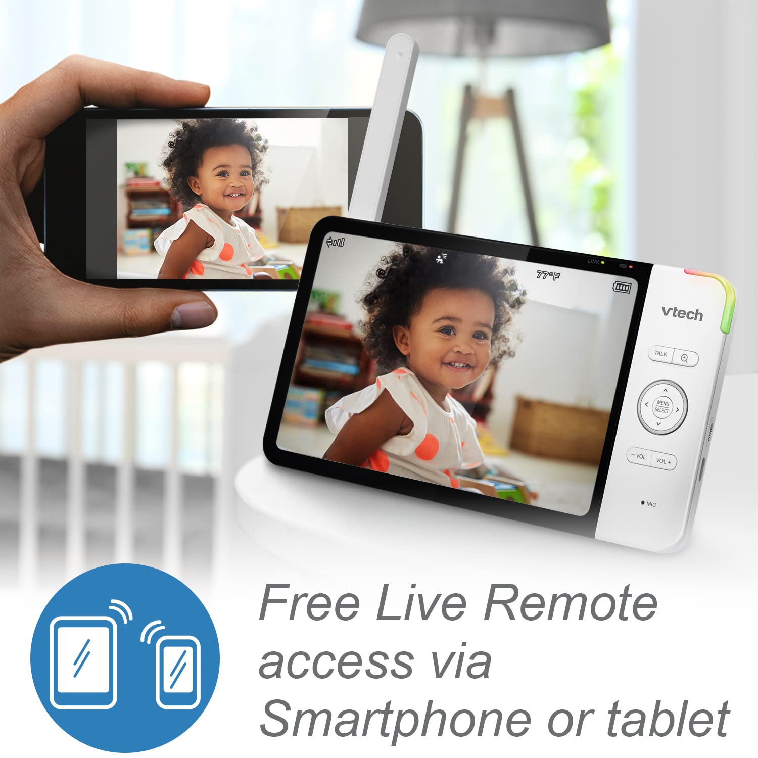 VTech RM7764-2HD Smart Baby Monitor with 1080p FHD, Night Vision, Temperature Sensor, 360   Pan & Tilt, Two-Way Talk