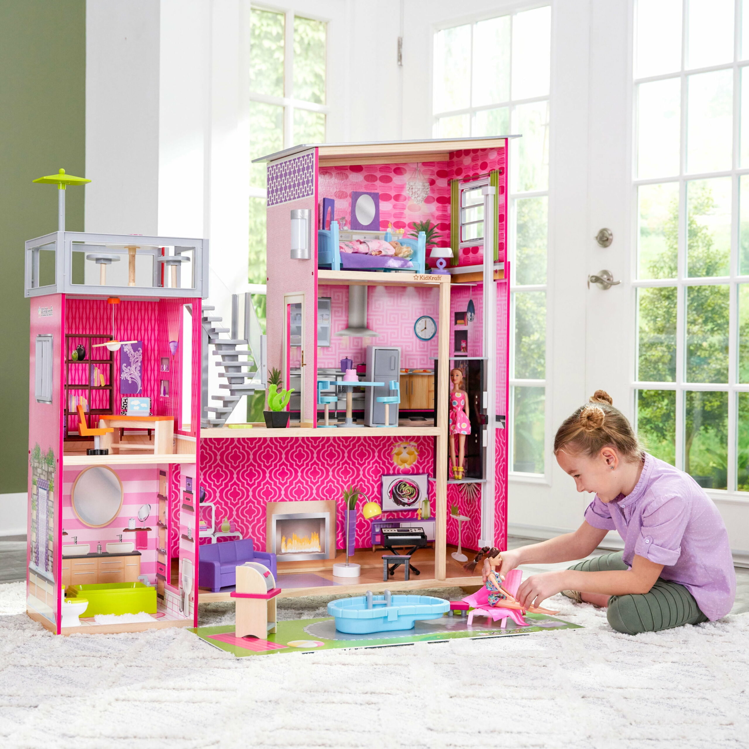 KidKraft Uptown Wooden Dollhouse, 3 Levels, 36 Accessories, Ages 4+, Interactive Lights & Sounds