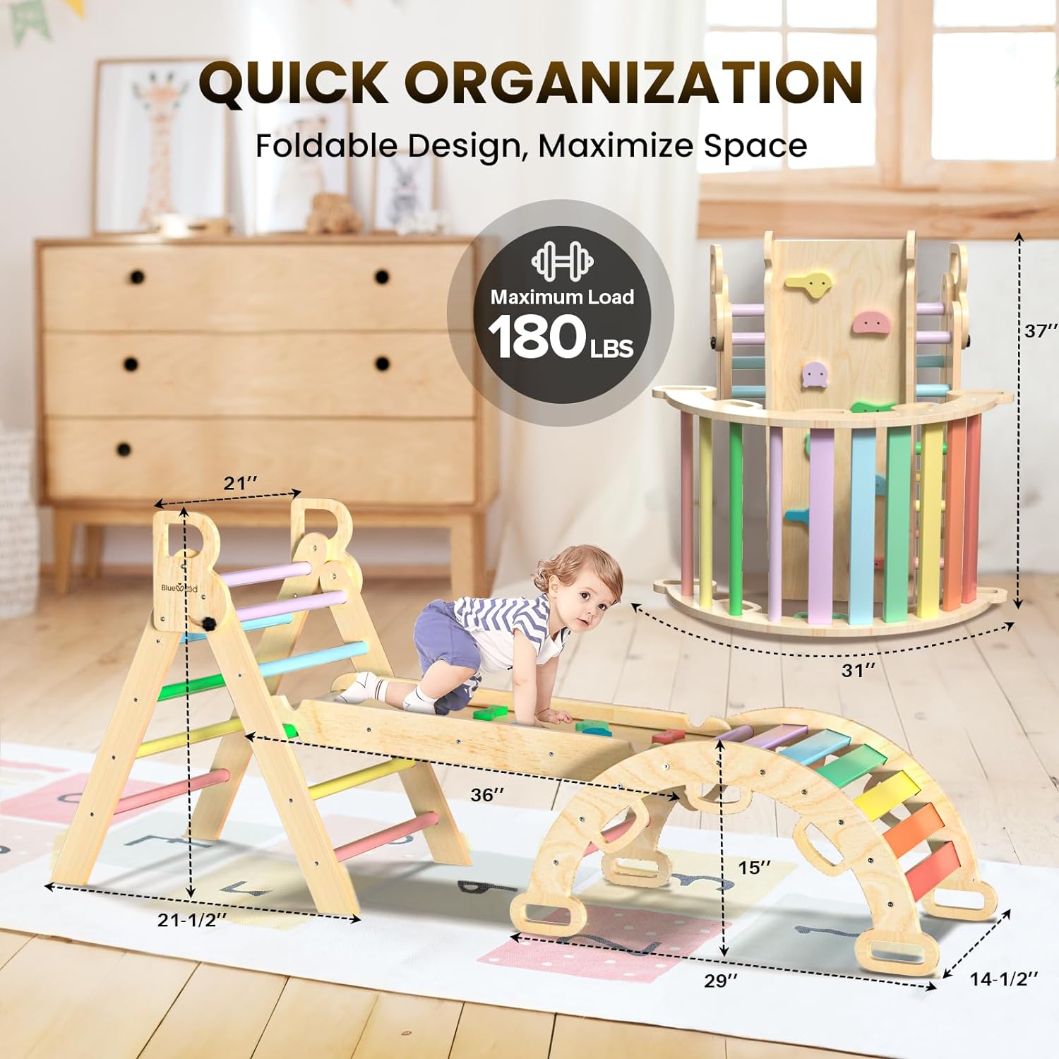 BlueWood 7-in-1 Foldable Pikler Triangle Set for Toddlers  C Wooden Montessori Climbing Toys with Slide, Arch & Ladder, Safe & Eco-Friendly Indoor Jungle Gym
