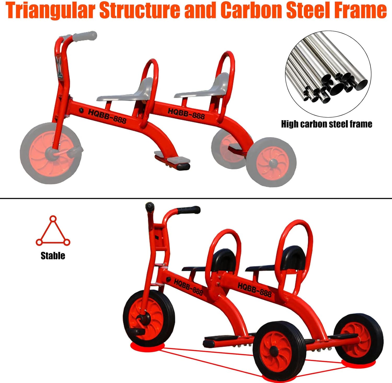 Double Seat Tandem Tricycle for Kids Ages 3-8, Carbon Steel Frame, Inflation-Free Rubber Wheels, Outdoor Play Equipment