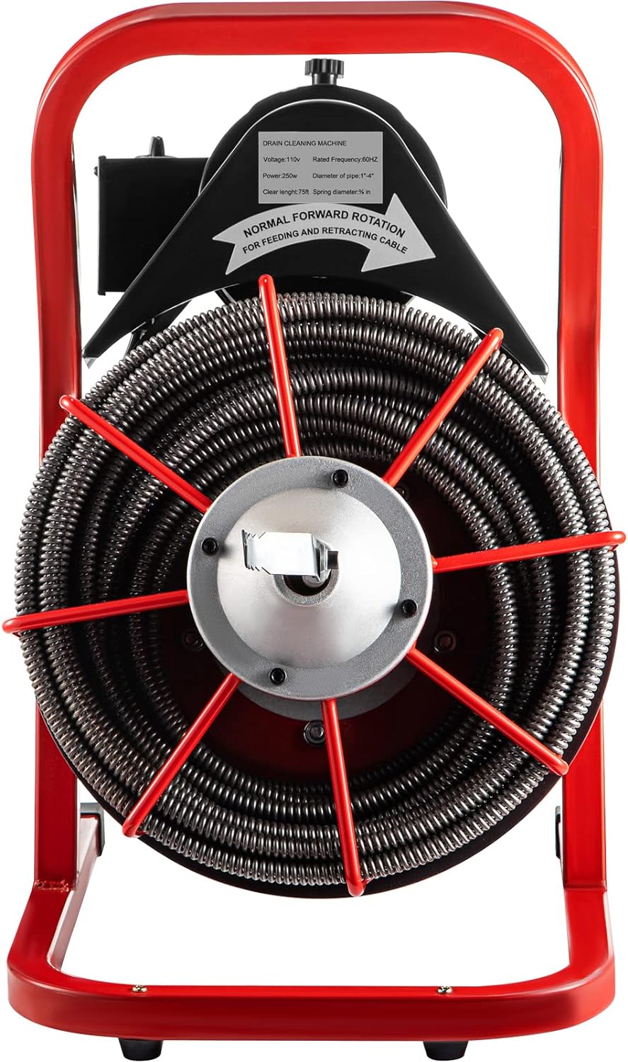 Drain Cleaner Machine, 75 Ft x 3/8 Inch Drain Cleaning Machine Fits 1 to 4 Inch Pipes, Portable Drain Auger Cleaner with 4 Cutters, Electric Drain Clog Remover Plumbing Tool