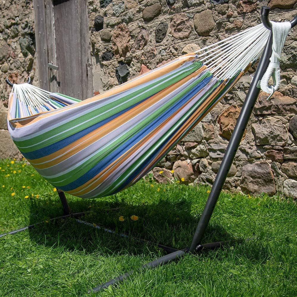 Vivere Double Cotton Hammock with Steel Stand, 450 lb Capacity, Tropical Colors, Includes Premium Carry Bag