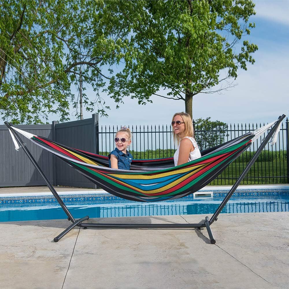 Vivere Double Cotton Hammock with Steel Stand, 450 lb Capacity, Tropical Colors, Includes Premium Carry Bag