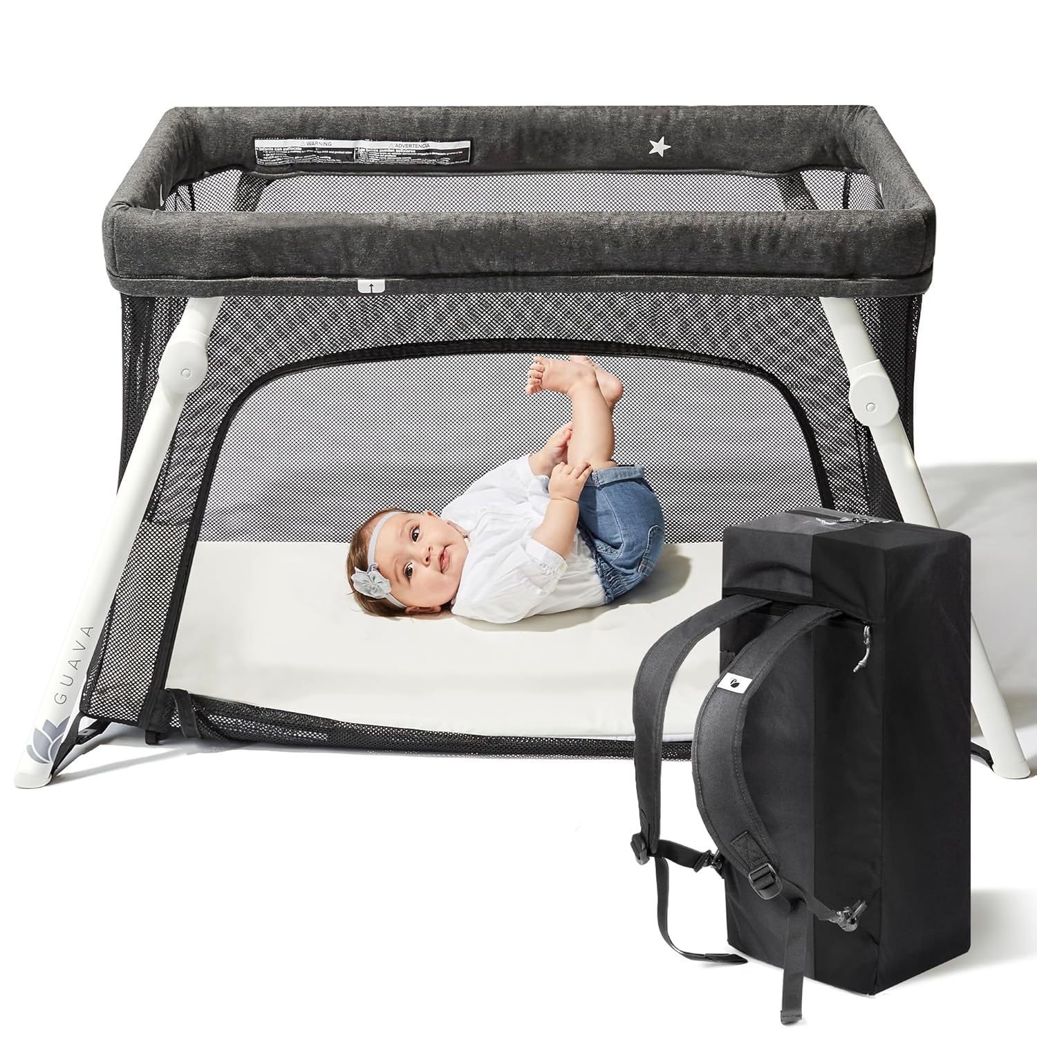 Lotus Travel Crib  C Lightweight Aluminum Portable Play Yard with Backpack, Safe for Infants, Easy Fold, Includes Mattress, Grey/Black/White