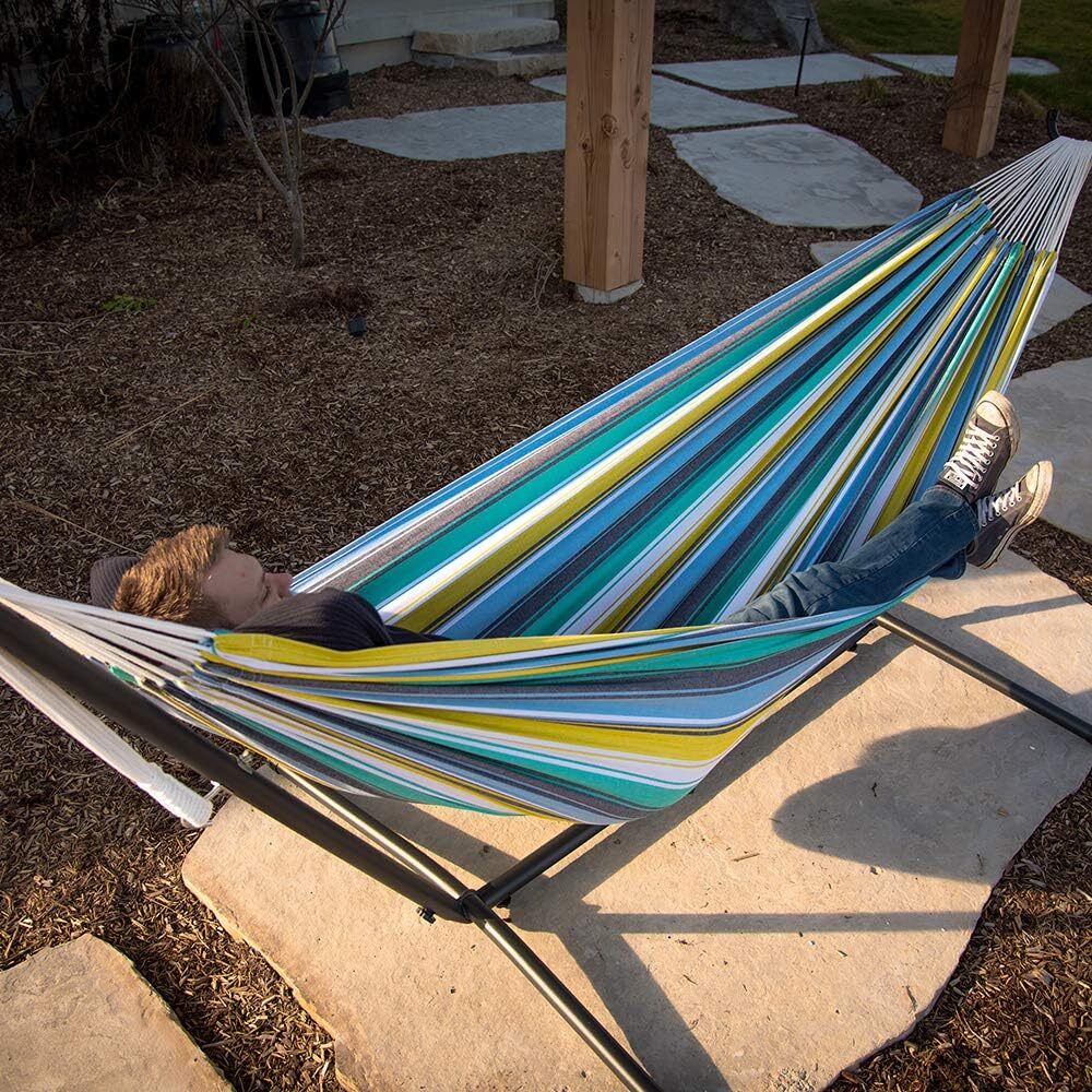 Vivere Double Cotton Hammock with Steel Stand, 450 lb Capacity, Tropical Colors, Includes Premium Carry Bag