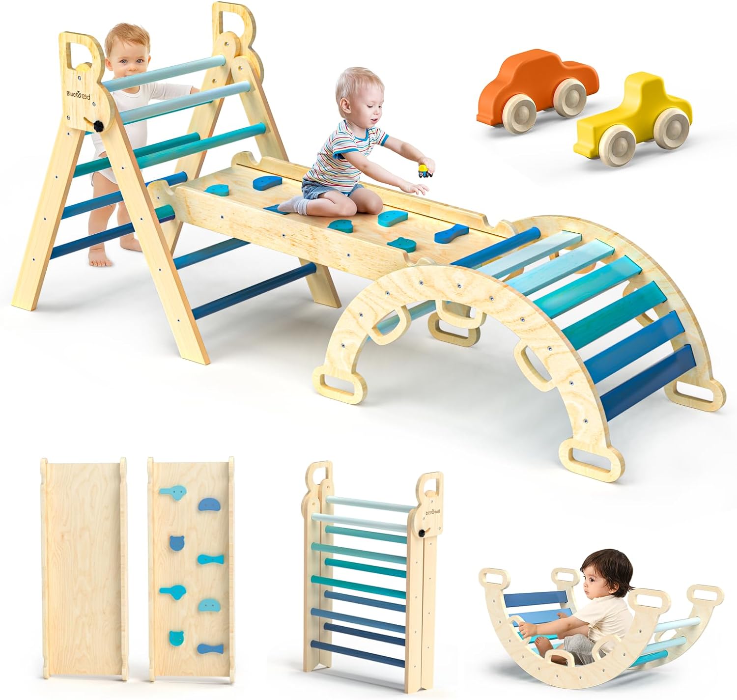 BlueWood 7-in-1 Foldable Pikler Triangle Set for Toddlers  C Wooden Montessori Climbing Toys with Slide, Arch & Ladder, Safe & Eco-Friendly Indoor Jungle Gym