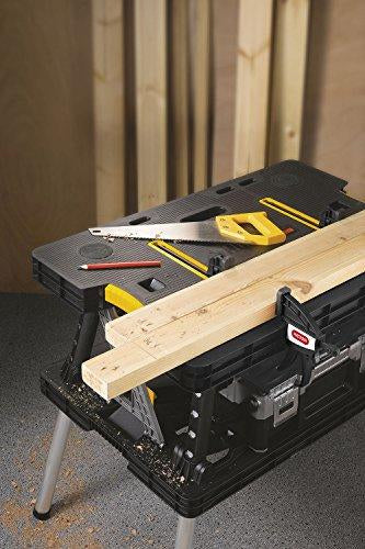 g Keter �C 197283 Folding Table Work Bench for Miter Saw Stand, Woodworking Tools and Accessories with Included 12 Inch Wood Clamps �C Easy Garage Storage Black/Yellow