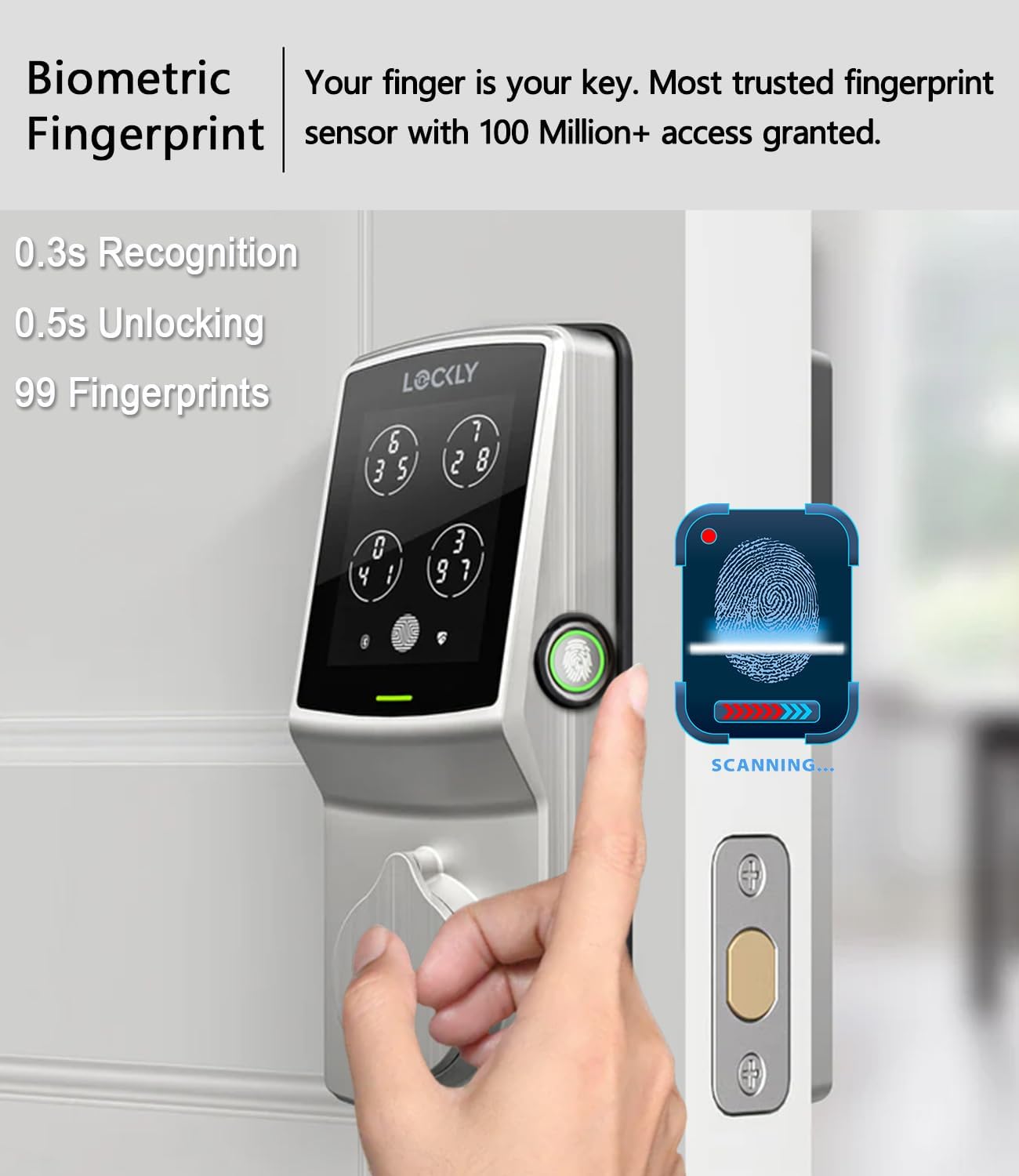 Lockly Smart Door Lock  C Keyless Entry with Biometric Fingerprint, Voice Control, Matte Black, Latch Edition, Wi-Fi & Bluetooth Enabled
