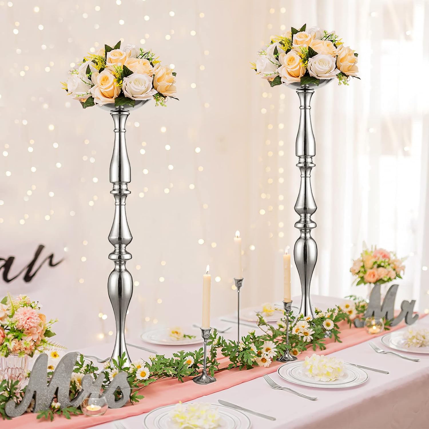 Elegant Silver Metal Wedding Centerpiece Stand 31.5     C Tall Tabletop Decor for Events & Parties