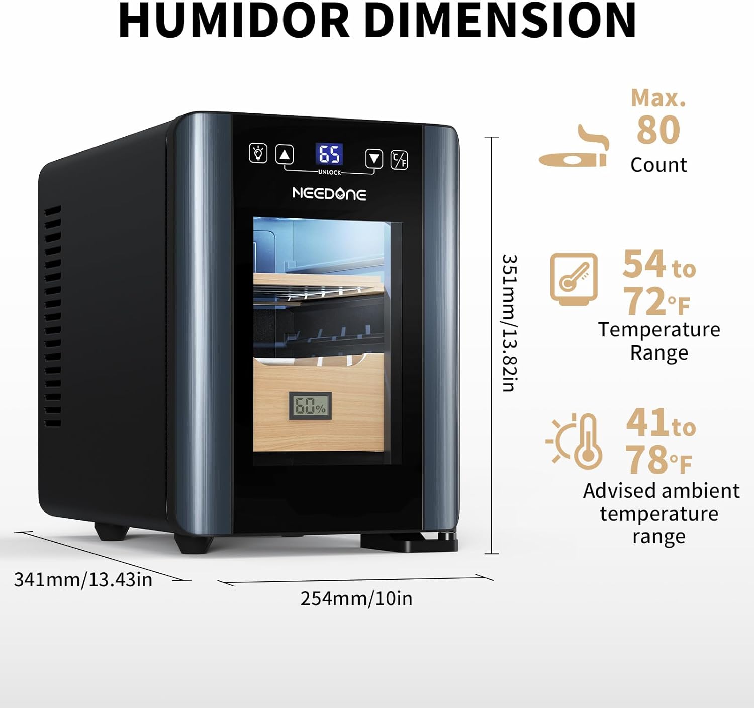 ThermoCigar 48L Cigar Humidor with Heating & Cooling, Cedar Wood, Digital Hygrometer, Quiet Electric Cooler for 350 Cigars