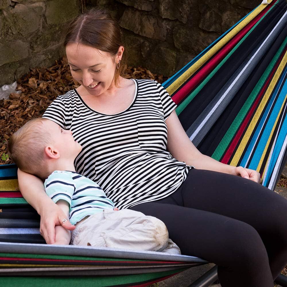 Vivere Double Cotton Hammock with Steel Stand, 450 lb Capacity, Tropical Colors, Includes Premium Carry Bag