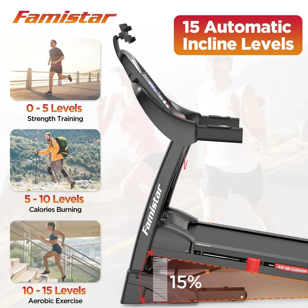 Famistar 4.5HP Foldable Treadmill with 15 Auto Incline Levels, 10MPH Speed, 300LB Capacity, Home Fitness Equipment