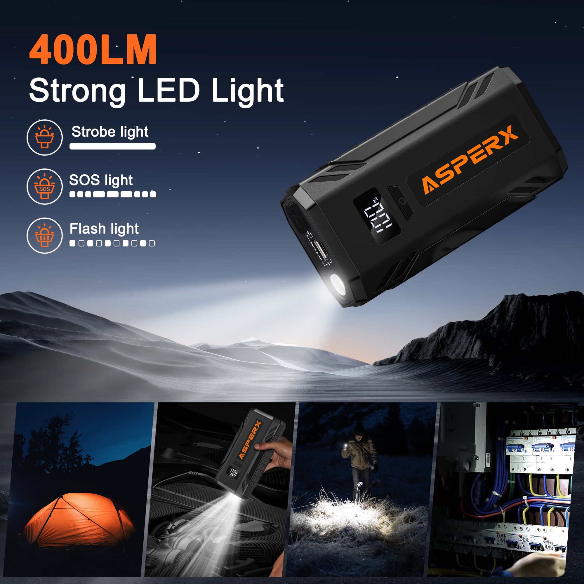 ASPERX AX2000 Car Jump Starter 2000A Peak for 8.0L Gas/6.5L Diesel, 12V Battery Booster with LED Light & Power Bank