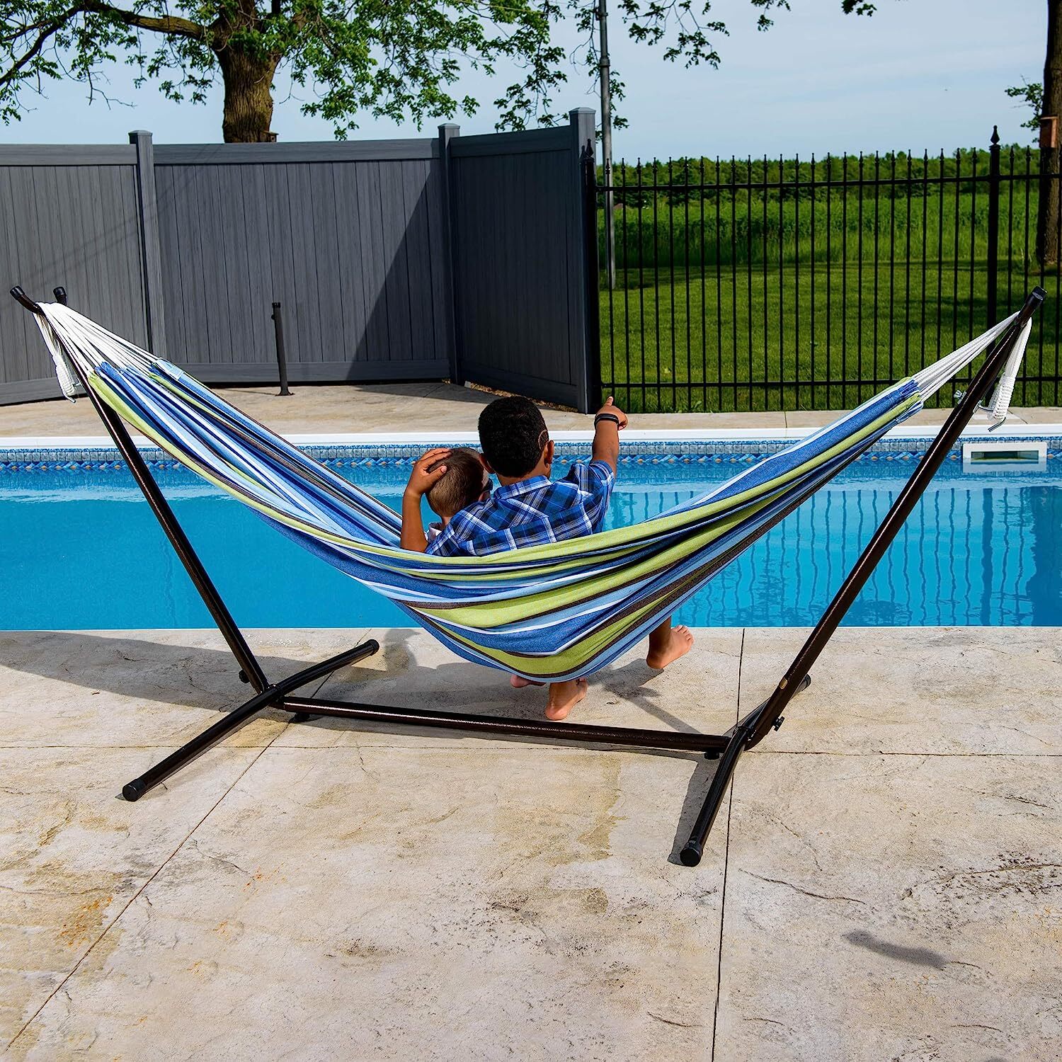 Vivere Double Cotton Hammock with Steel Stand, 450 lb Capacity, Tropical Colors, Includes Premium Carry Bag