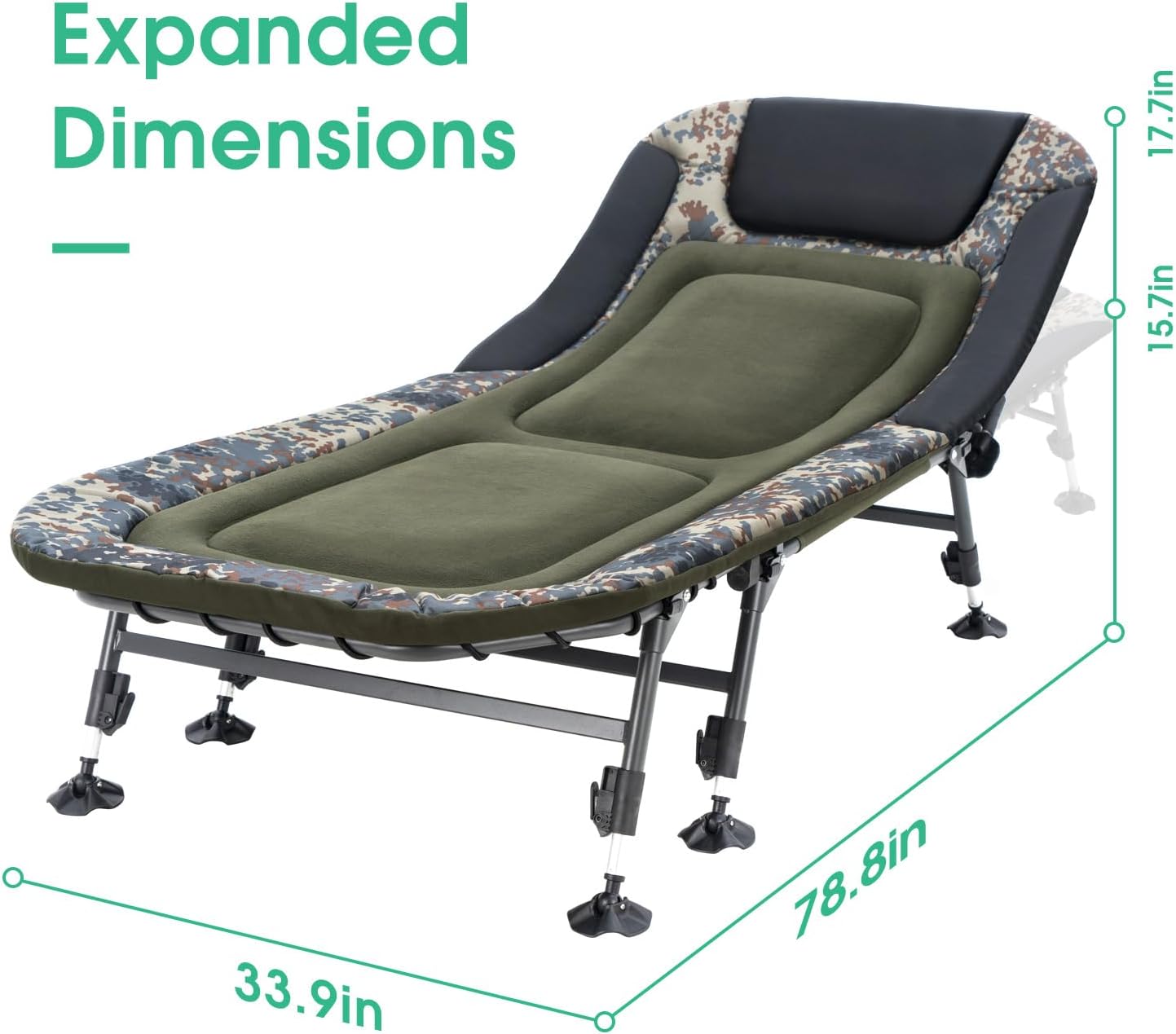 Green Camping Cot with Mattress, Heavy Duty Folding Bed, 330lbs Capacity, Adjustable Reclining Outdoor Lounger, Portable with Carry Bag