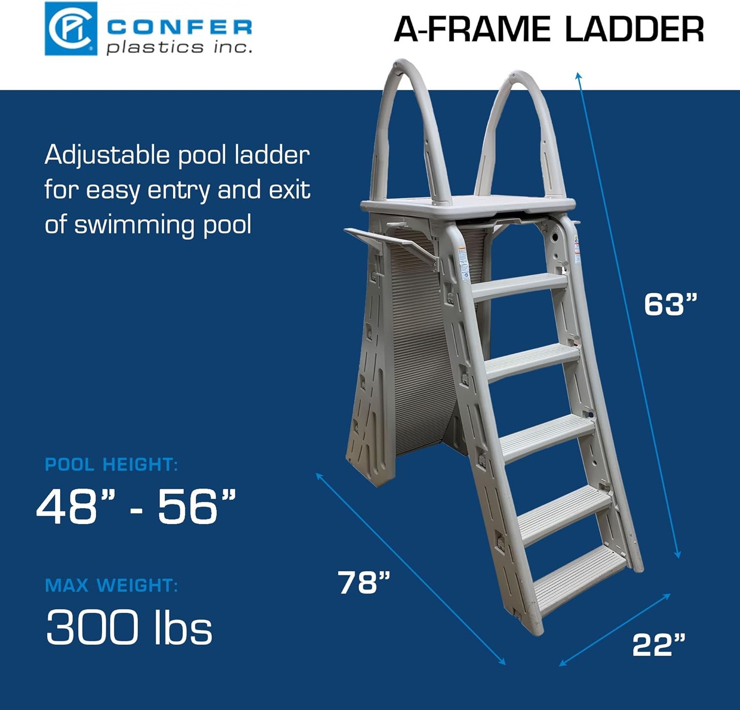 Confer Plastics 7200 Roll Guard 48��� to 56��� Adjustable A Frame Safety Ladder for Above Ground Outdoor Patio Swimming Pool Platform Ladder with Step Barrier, Warm Grey...