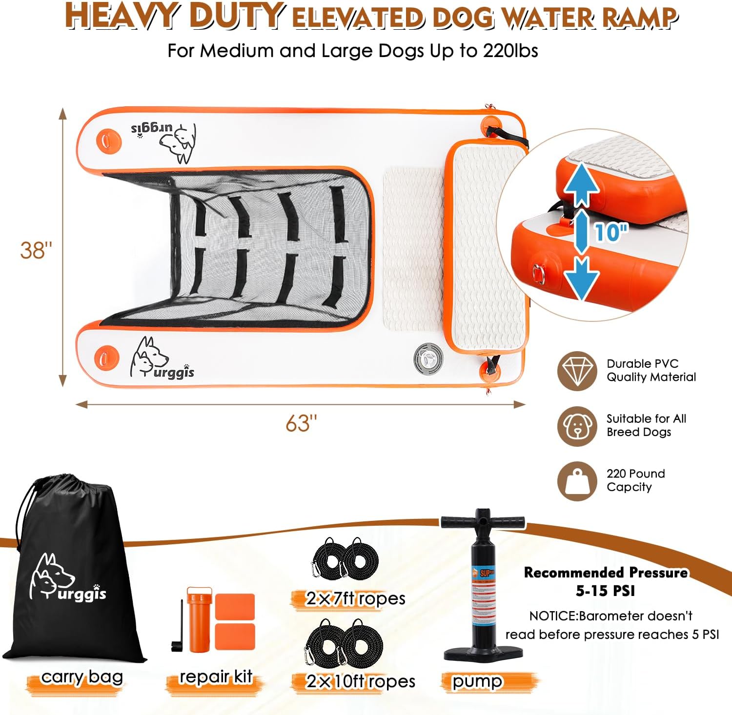 Inflatable Elevated Dog Boat & Pool Ramp, Floating Dog Pupppy-Plank for Pool, Dock & Boat, Non-Slip Dog On Water Ramp with Booster Step, Dog Boat Ladder for Large Dogs Up to 220lbs Climb Out of Water