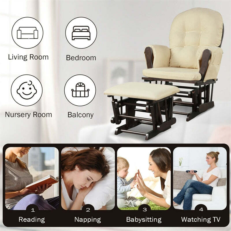 ComfortMax Wooden Glider Rocking Chair with Ottoman & Storage Pocket for Nursery, Supports 396 lbs, Beige