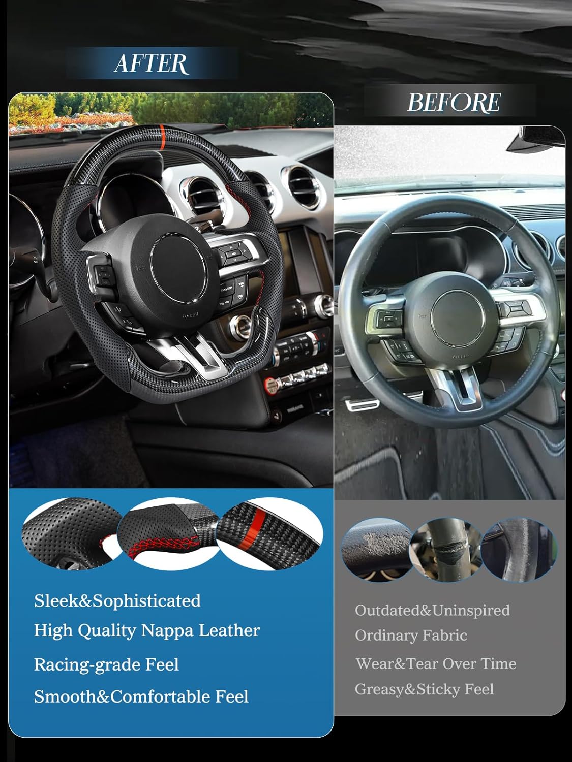 Carbon Fiber Steering Wheel for Ford Mustang 2018-2022 Nappa Perforated Leather with Hand Stitching D-shaped Steering Wheel for Mustang EcoBoost/GT for Shelby GT350/GT350R