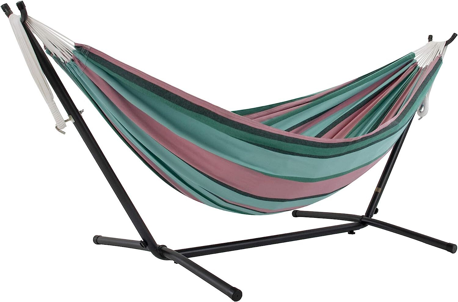 Vivere Double Cotton Hammock with Steel Stand, 450 lb Capacity, Tropical Colors, Includes Premium Carry Bag