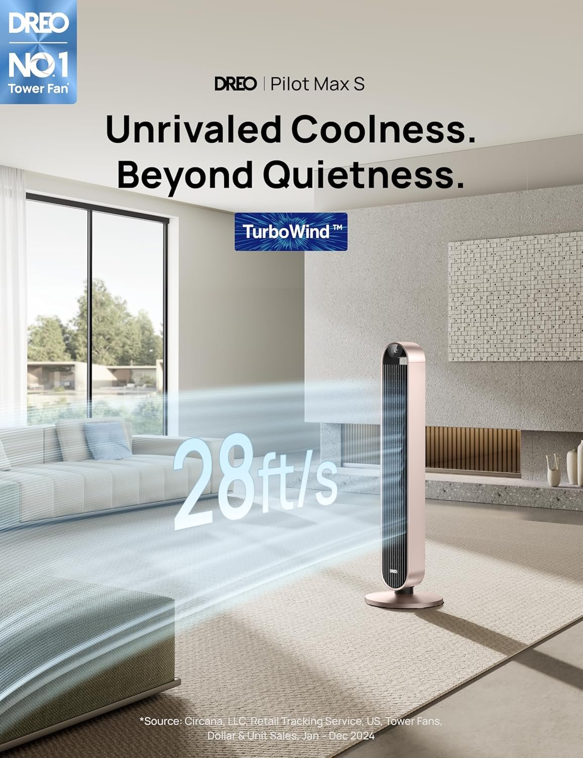 Dreo Tower Fan for Bedroom, 42 Inch 120�� Oscillating Fan, 25dB Quiet DC Motor, 28ft/s Velocity Bladeless Standing Fan with 12 Speeds, 4 Modes, 12H Timer Cooling Fans for Home, Living Room, Pilot Max S
