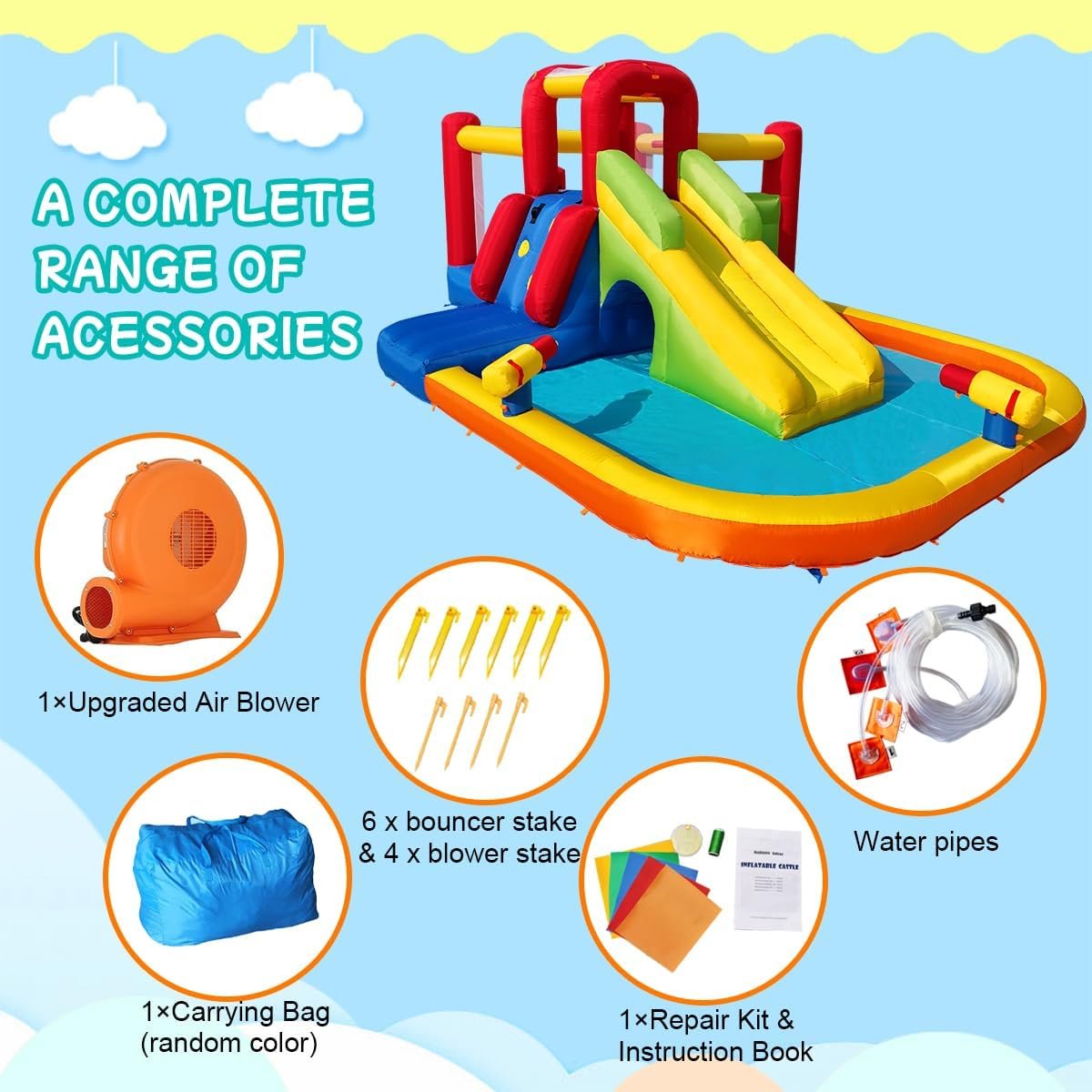 Bounce House Inflatable Water Slide for Kids, Water Park With Splash Pool, Double Cannon, 2 Climbing Walls, Obstacles, Blow Up Jumping Castle With Blower