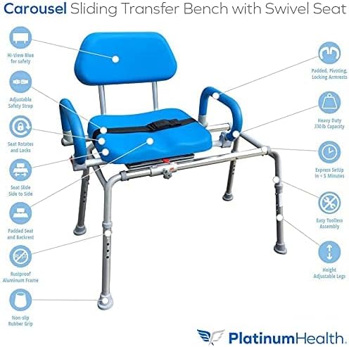 Platinum Health Carousel Sliding Shower Chair, Blue  C Swivel Seat, Padded Arms, Adjustable Transfer Bench for Seniors & Handicap