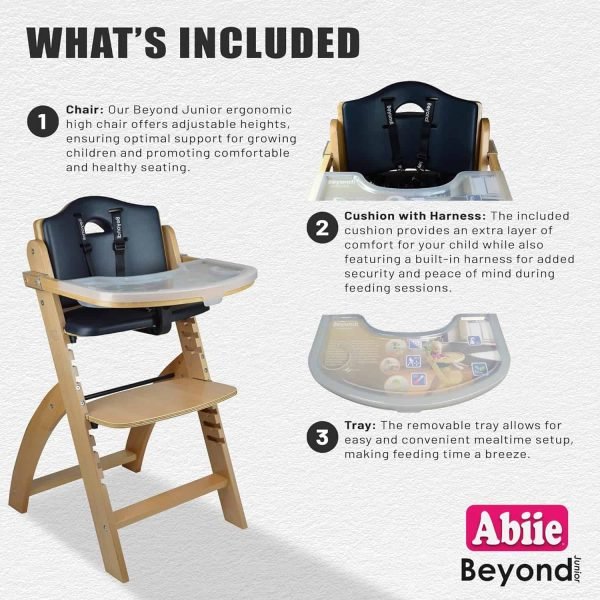 Abiie Beyond Junior Wooden High Chair with Tray. The Perfect Adjustable Baby Highchair Solution Natural Wood/Black Cushion