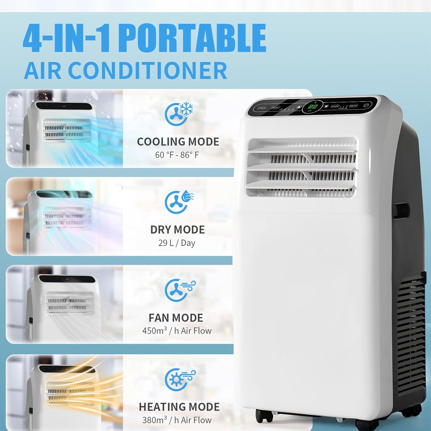 Portable Air Conditioner Cools up to 300 Sq.ft, 4-IN-1 Portable AC Unit with Cooling, Dehumidifier, Fan, 24H Timer (Window Venting Kit Included)