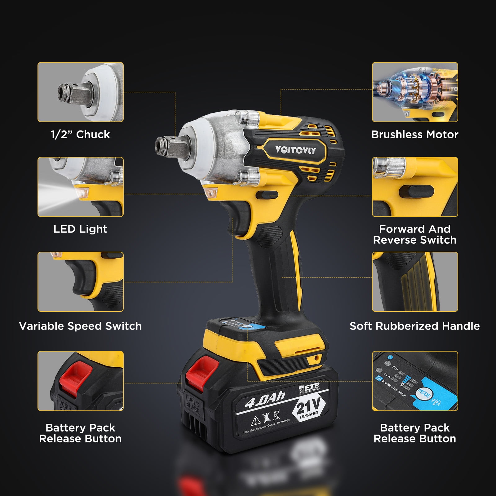 VQJTCVLY 21V Brushless Cordless Impact Wrench 1/2��� with 2x 4.0Ah Batteries, 5 Sockets, 7 Drill Bits, Yellow