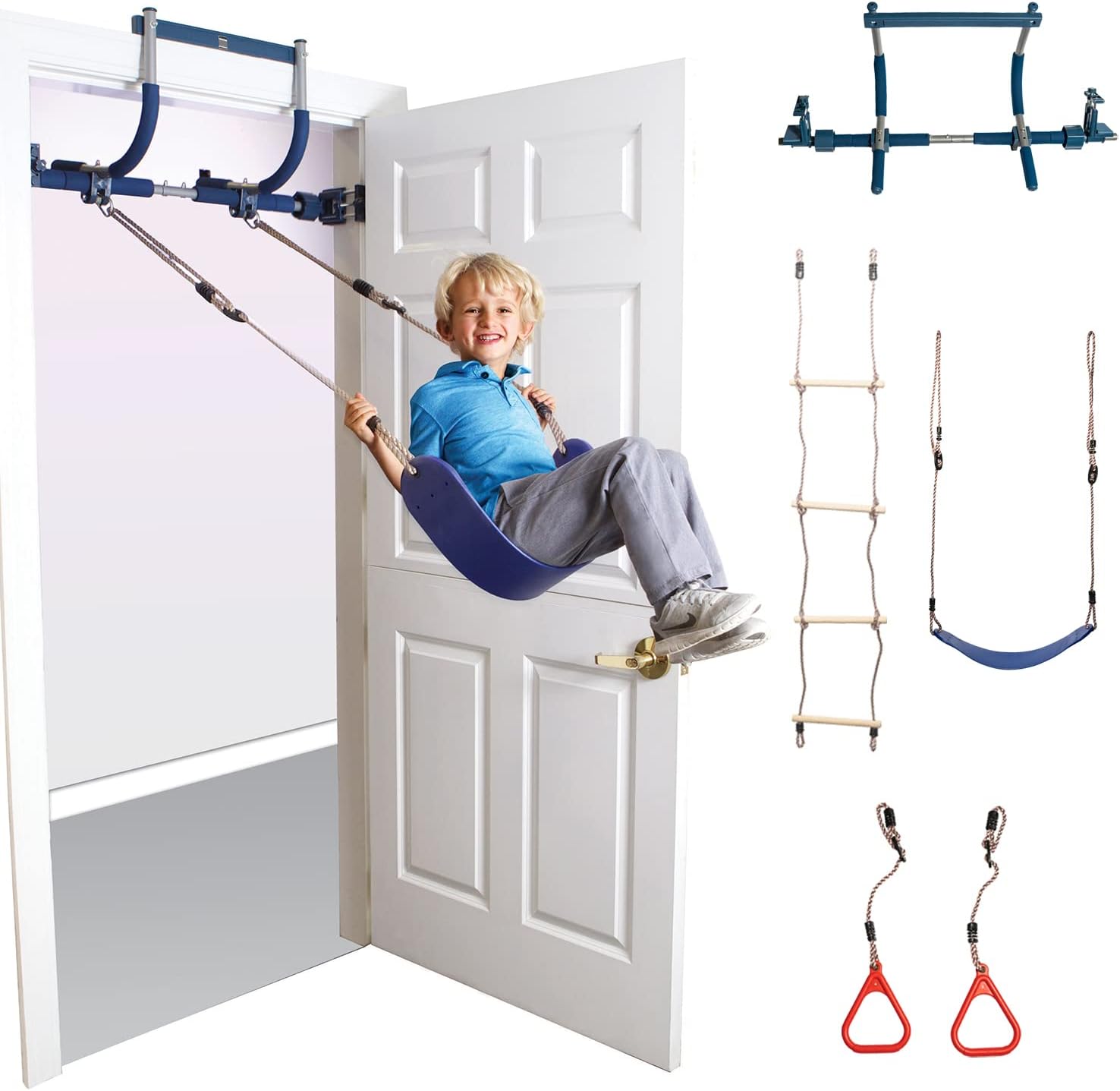 PIPG Indoor Doorway Gym for Kids & Adults  C Blue, Alloy Steel, Includes Pull-Up Bar, Rings, Trapeze, Ladder, Rope, Sensory Swing, 300 lbs Capacity