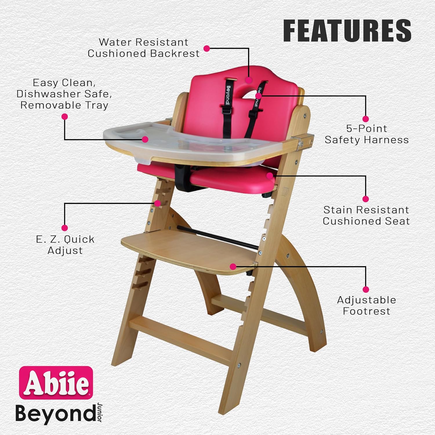 Abiie Beyond Junior High Chair, Adjustable Wood, Dove Grey Cushion, 250 lb Capacity, Stain & Water Resistant