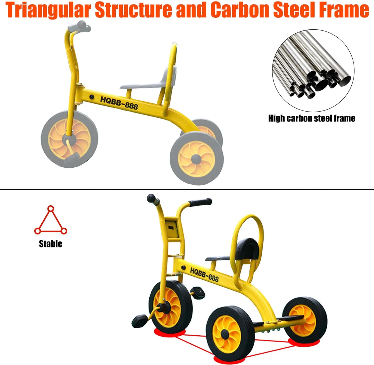 Double Seat Tandem Tricycle for Kids Ages 3-8, Carbon Steel Frame, Inflation-Free Rubber Wheels, Outdoor Play Equipment