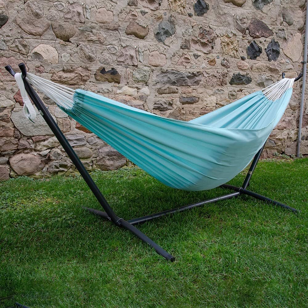 Vivere Double Cotton Hammock with Steel Stand, 450 lb Capacity, Tropical Colors, Includes Premium Carry Bag