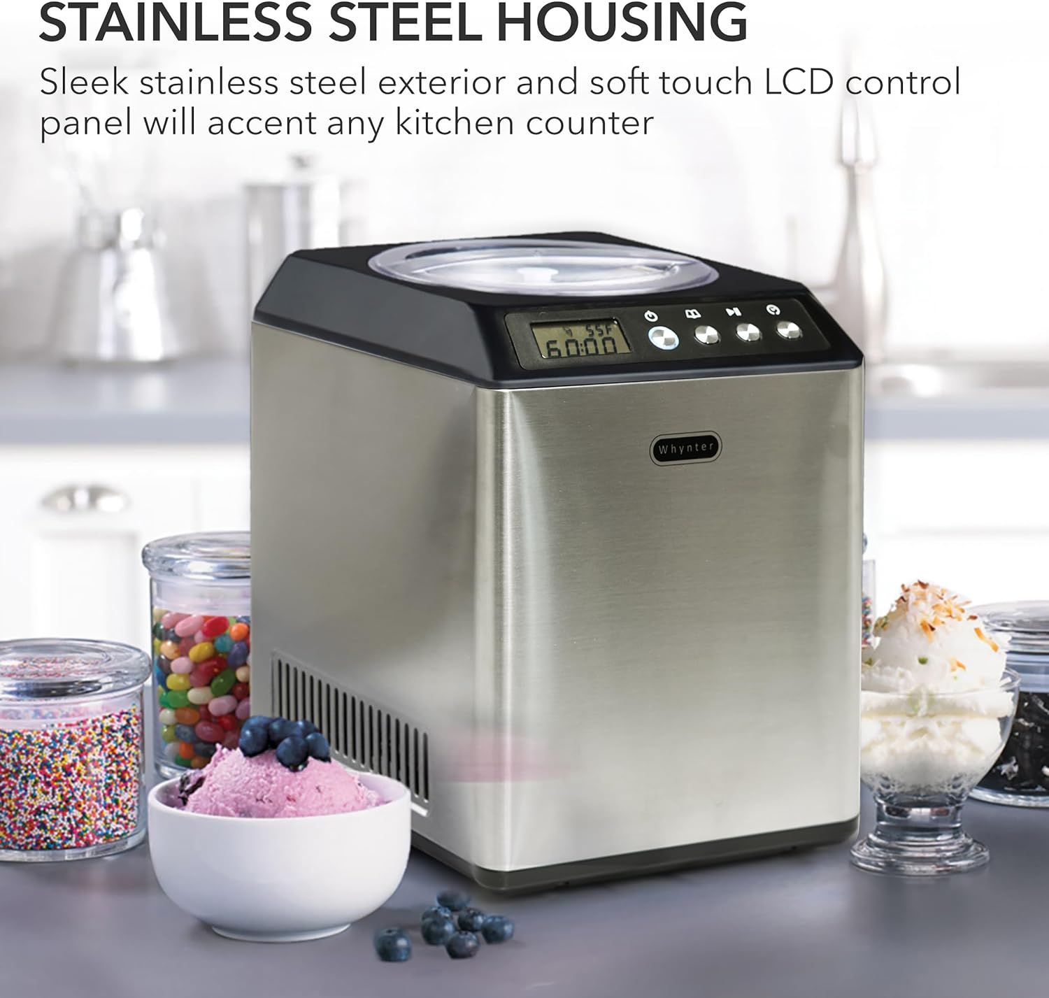 Automatic Ice Cream Maker 1.6 Quart Capacity Stainless Steel, with Built-in Compressor, no pre-Freezing, LCD Digital Display, Timer, One Size, Black