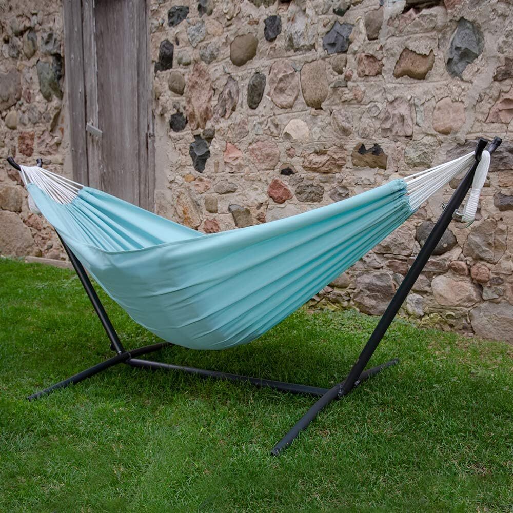Vivere Double Cotton Hammock with Steel Stand, 450 lb Capacity, Tropical Colors, Includes Premium Carry Bag
