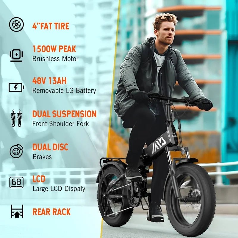 Buddy Pro 750W Foldable Electric Bike, 20��� Fat Tire, 48V 13Ah Battery, Dual Suspension, LCD Display, Black