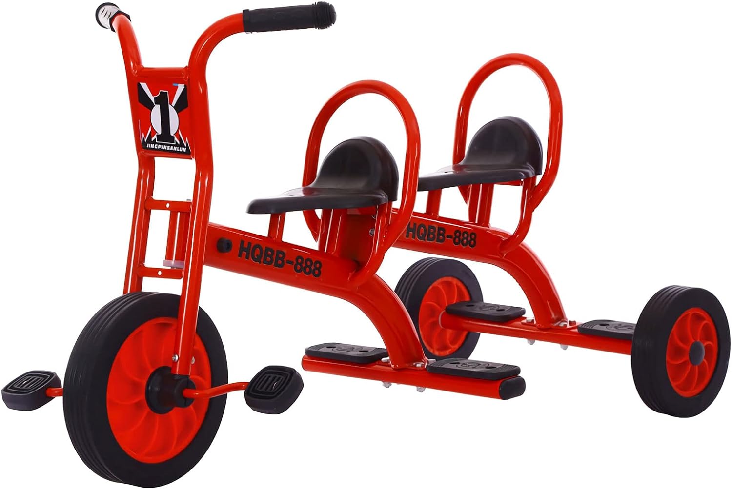 Double Seat Tandem Tricycle for Kids Ages 3-8, Carbon Steel Frame, Inflation-Free Rubber Wheels, Outdoor Play Equipment