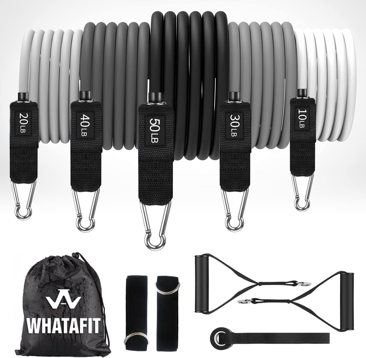 Whatafit Resistance Bands Set  C 100% Natural Latex, Adjustable 10-150 lbs, Home Gym Kit with Door Anchor & Handles, Portable Fitness Equipment