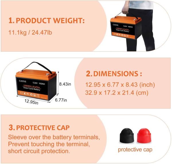 CHINS LiFePO4 Lithium Iron Battery 12V 100Ah for Boat Fishing