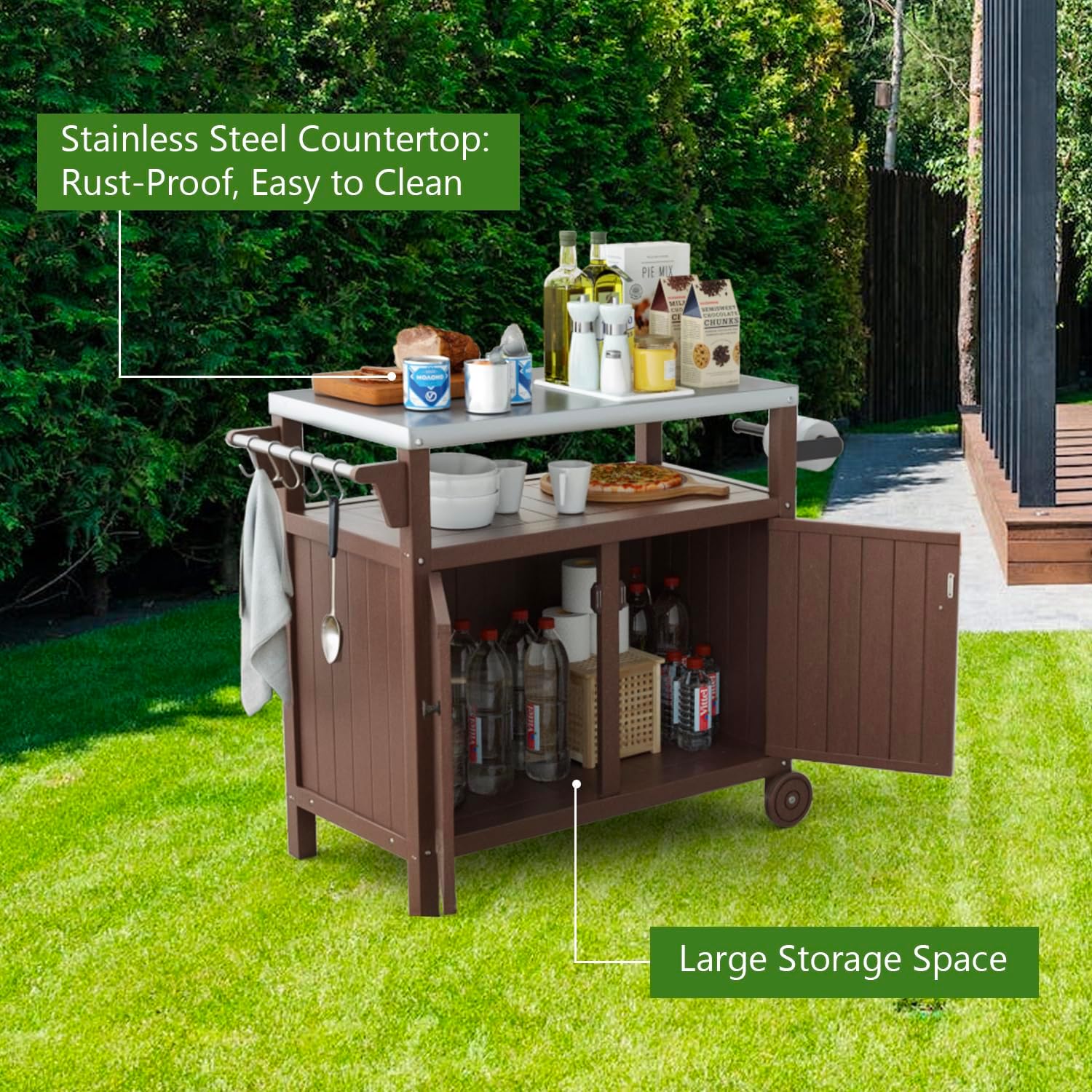 Portable Outdoor Grill Prep Table with Storage, Waterproof Grill Cabinet, Stainless-Steel Tabletop Kitchen Island, BBQ Cart with Wheels and Hooks | Brown