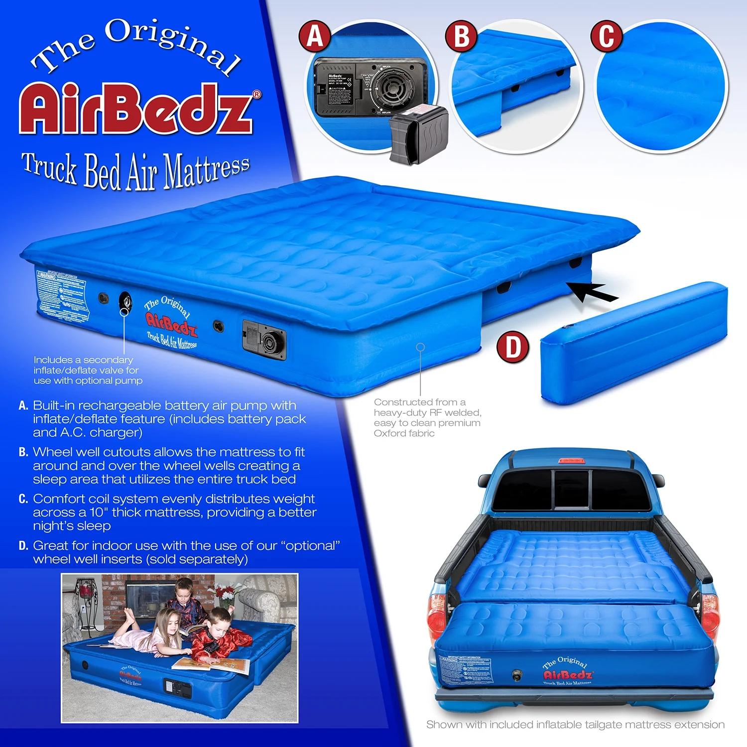 Airbedz by Pittman Outdoors Truck bed Air Mattress Mid Size 5Ft-5.5Ft Short Bed With Built-In Rechargeable Battery Air Pump Includes Tailgate Extension