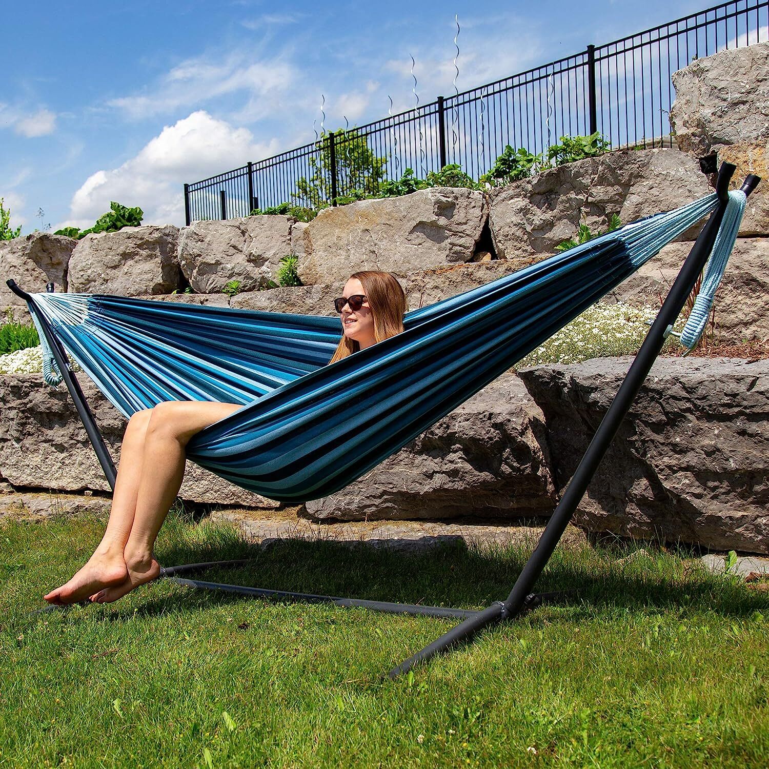 Vivere Double Cotton Hammock with Steel Stand, 450 lb Capacity, Tropical Colors, Includes Premium Carry Bag