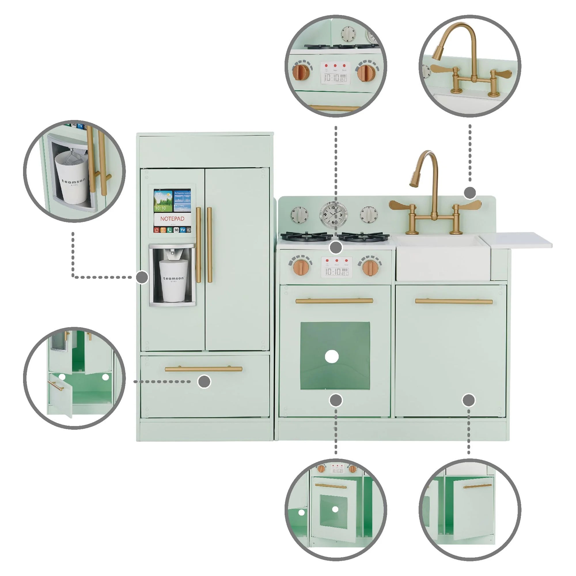 Teamson Kids Little Chef Charlotte Modern Play Kitchen with Free-Standing Refrigerator, Separate Kitchenette Unit, & Interactive Features, Mint
