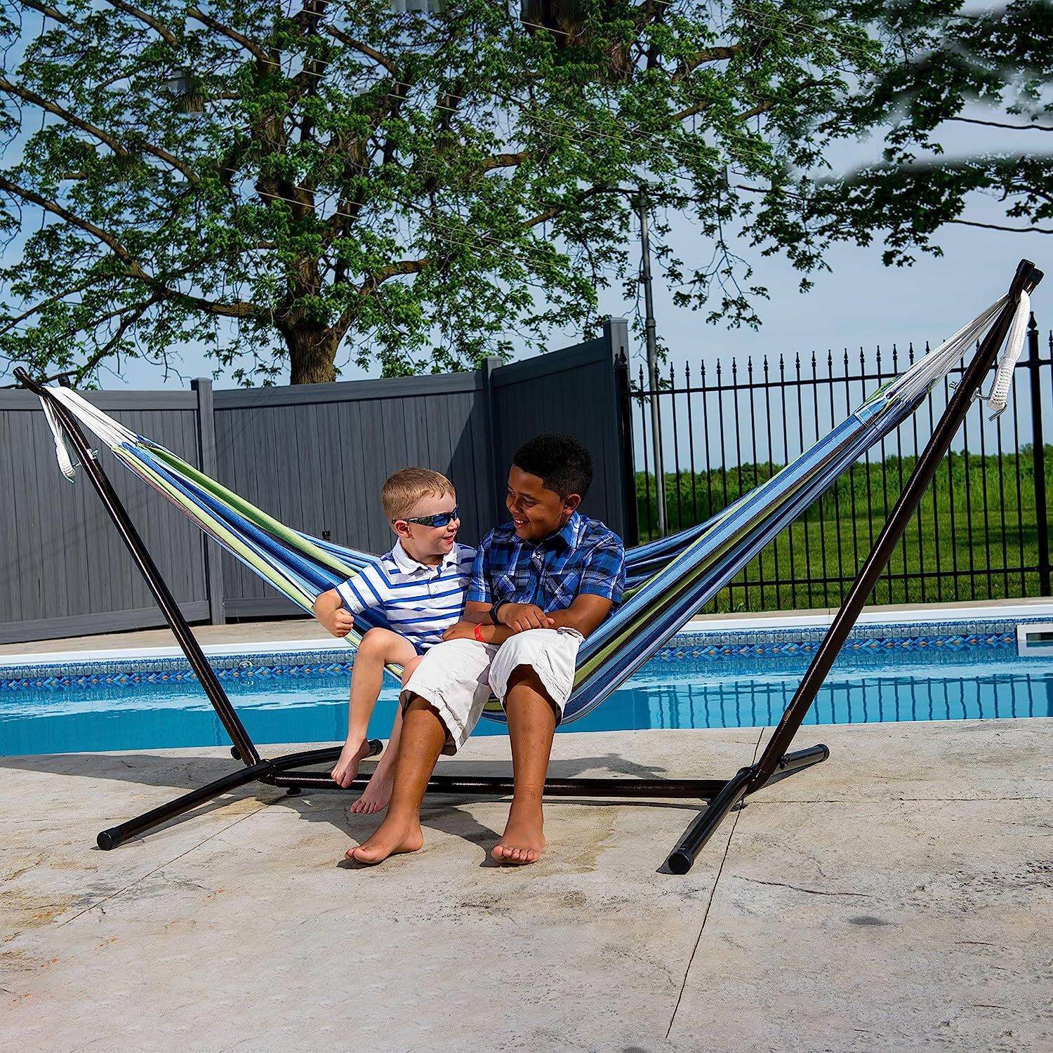 Vivere Double Cotton Hammock with Steel Stand, 450 lb Capacity, Tropical Colors, Includes Premium Carry Bag