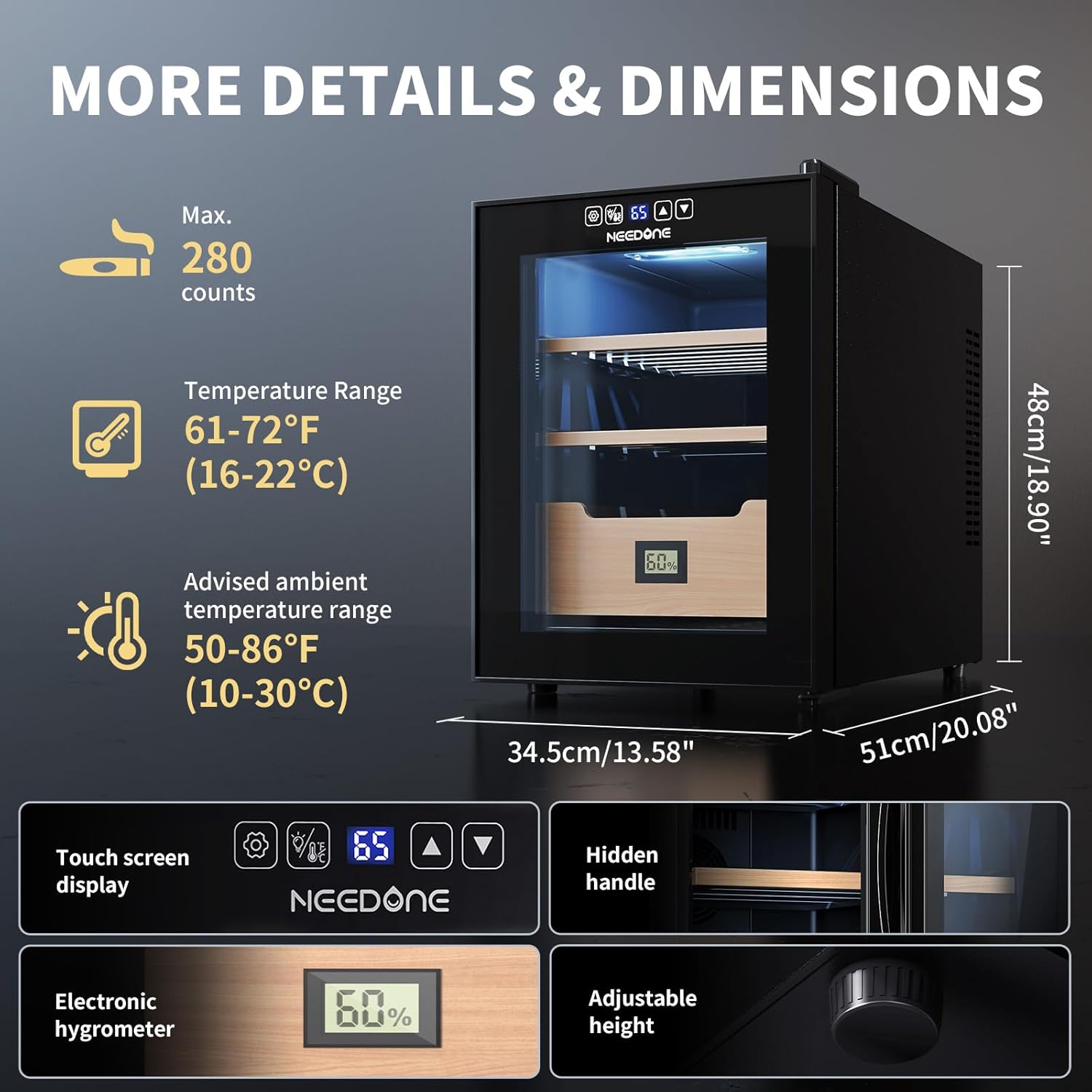 ThermoCigar 48L Cigar Humidor with Heating & Cooling, Cedar Wood, Digital Hygrometer, Quiet Electric Cooler for 350 Cigars