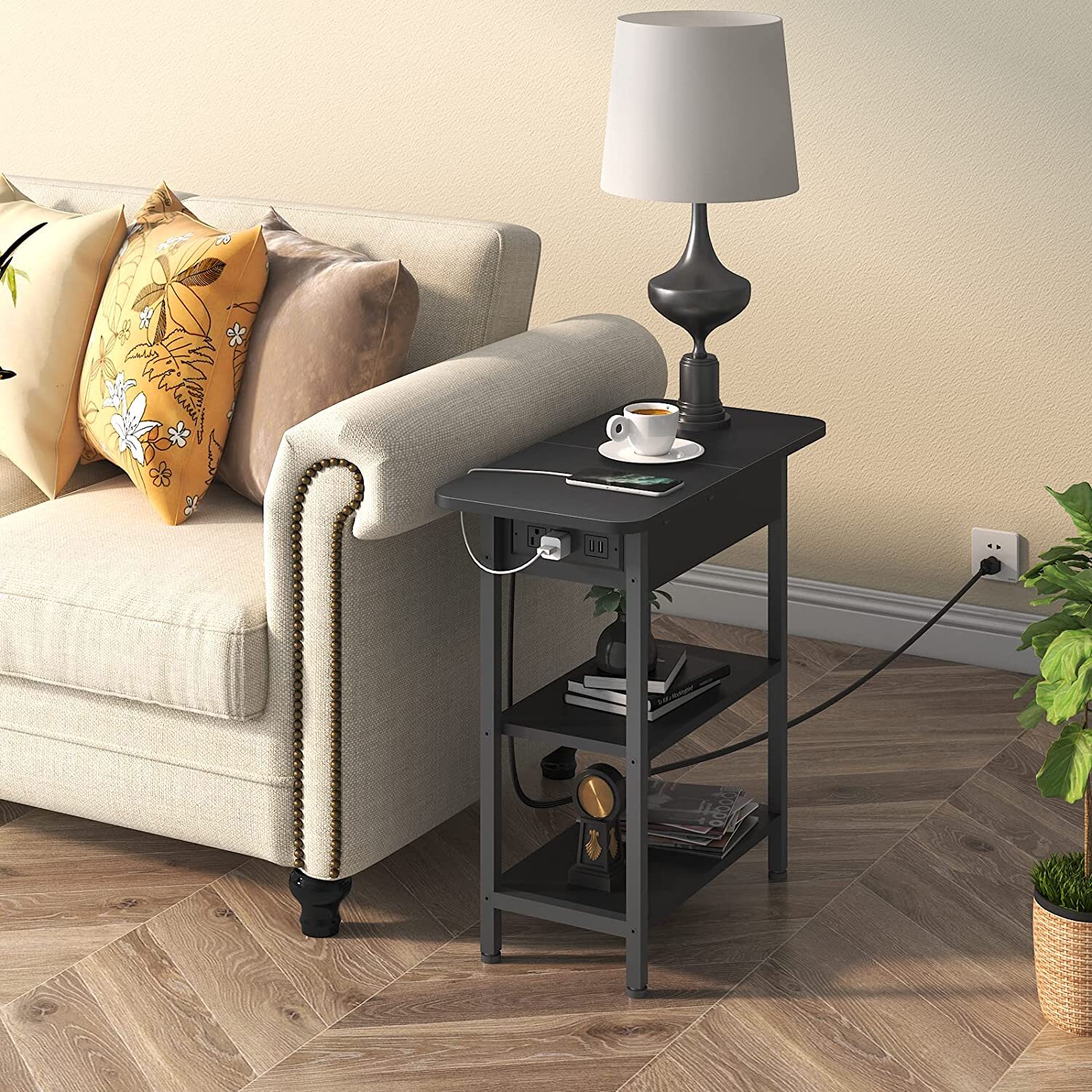 Flip Top End Table with Charging Station  C USB Ports & Outlets, Storage Shelf, Ideal for Living Room & Bedroom by [Brand Name]