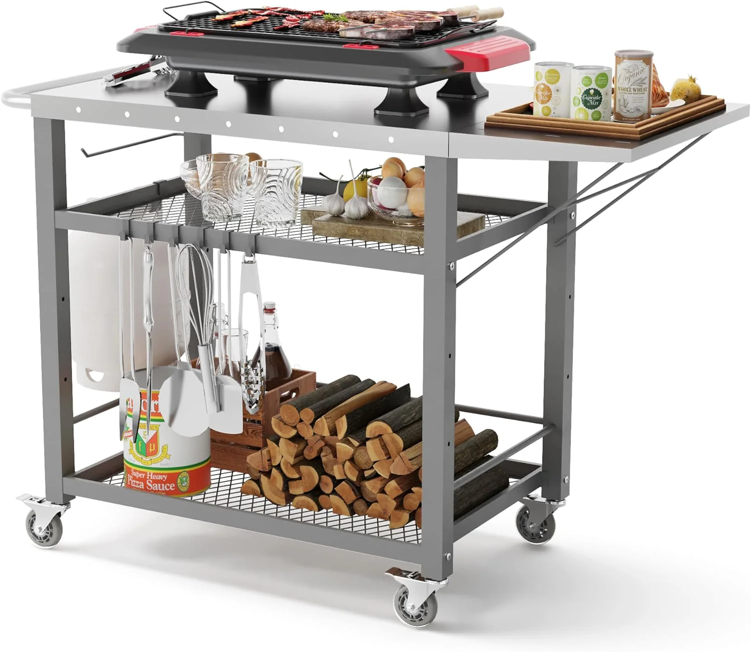Outdoor Grill Cart Table - Foldable Side Table, Portable Pizza Oven Stand