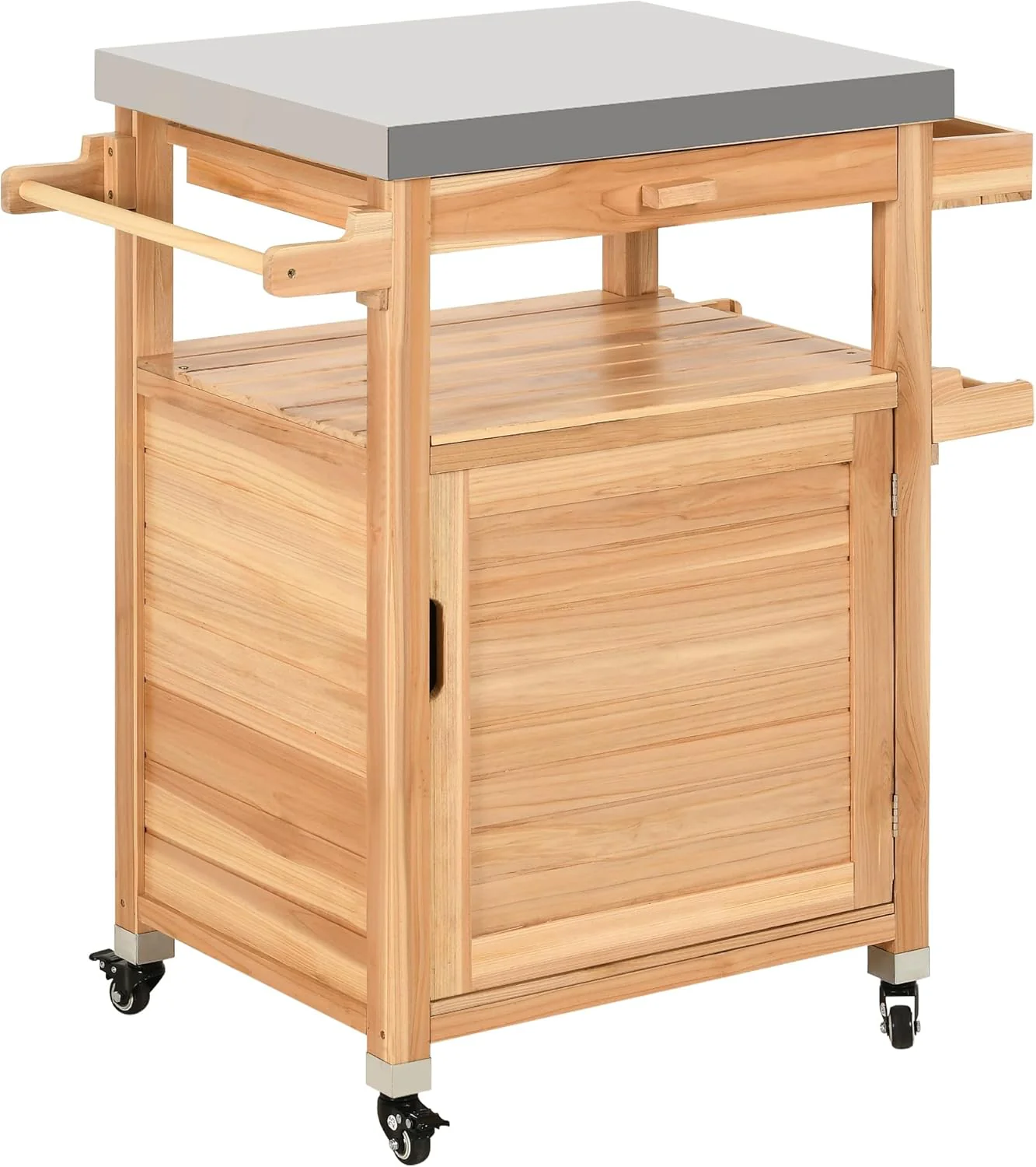 Solid Wood Outdoor Grill Cart with Stainless Steel Top, Brown