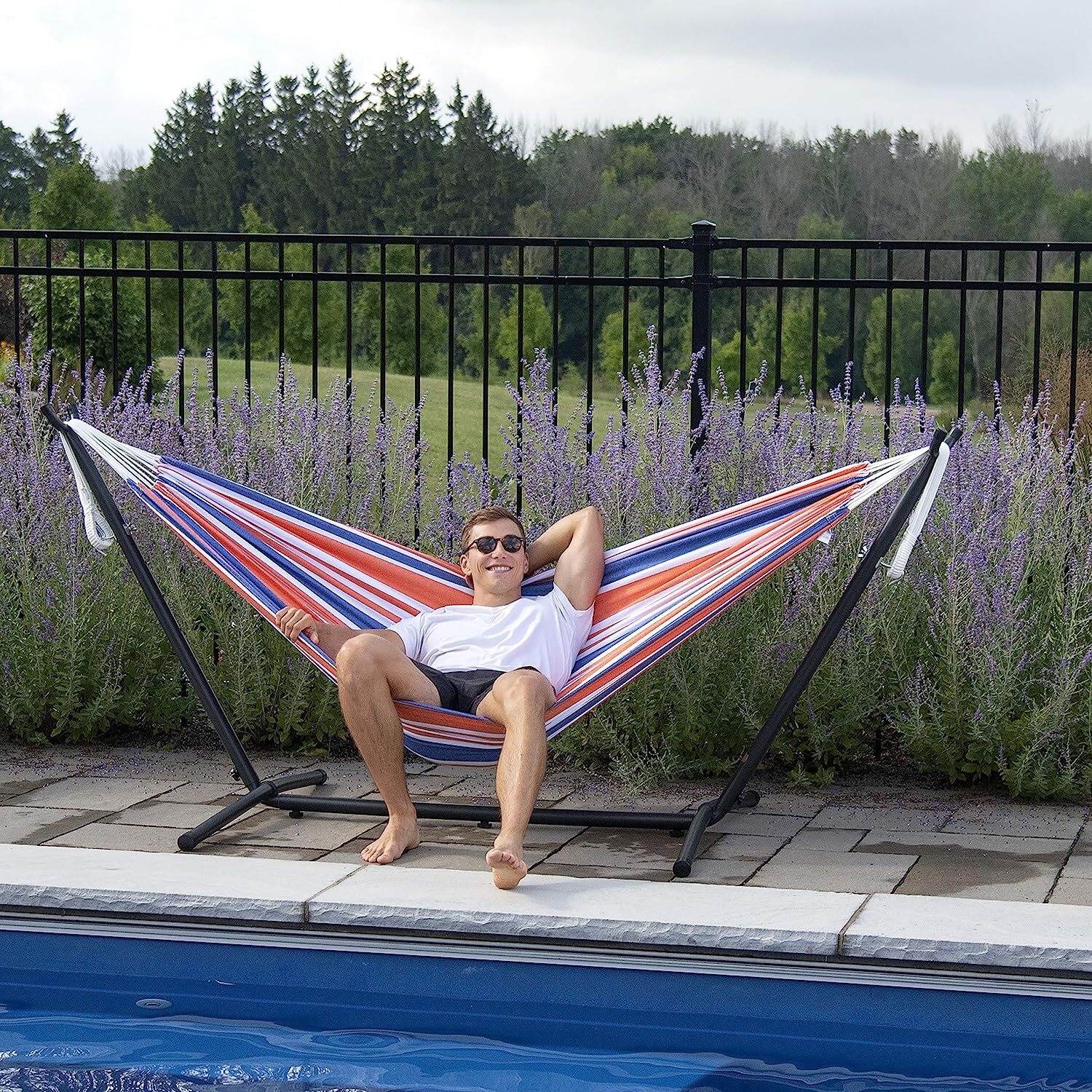 Vivere Double Cotton Hammock with Steel Stand, 450 lb Capacity, Tropical Colors, Includes Premium Carry Bag